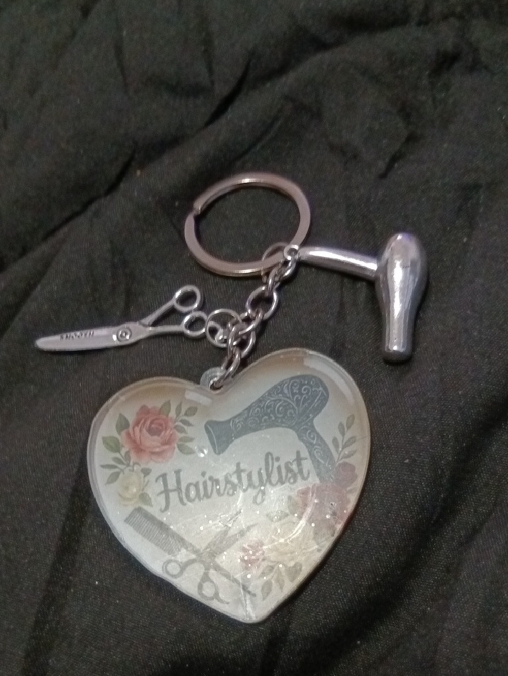 Hairstylist Heart Keychain Charm - Silver and Pink Floral( HANDMADE)